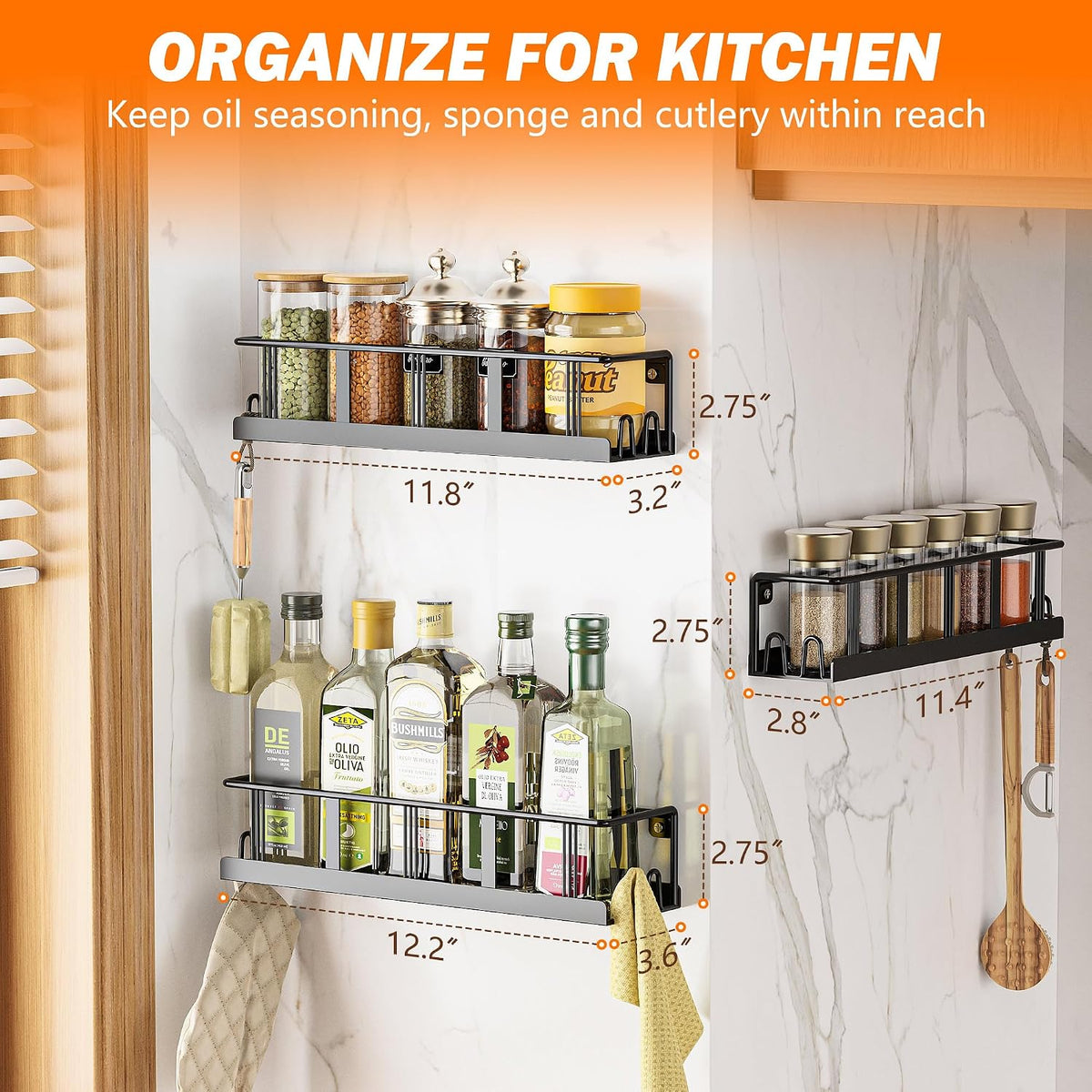 Spice Rack Wall Mounted 2 Pack,Rv Spice Rack,Black