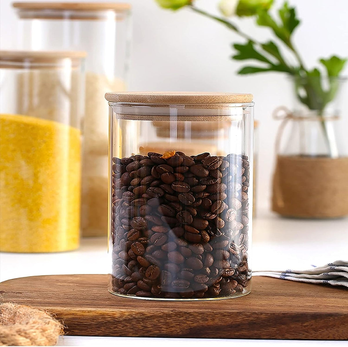 4 Pack Glass Storage Jars with Airtight Bamboo Lid, 27 OZ Glass Kitchen Canisters, Clear Container for Coffee Bean Storage, Dry Goods, Cookie, Candy, Tea, Spices and More