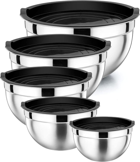 Metal Mixing Bowls with Lids Set, Airtight Lids & Black