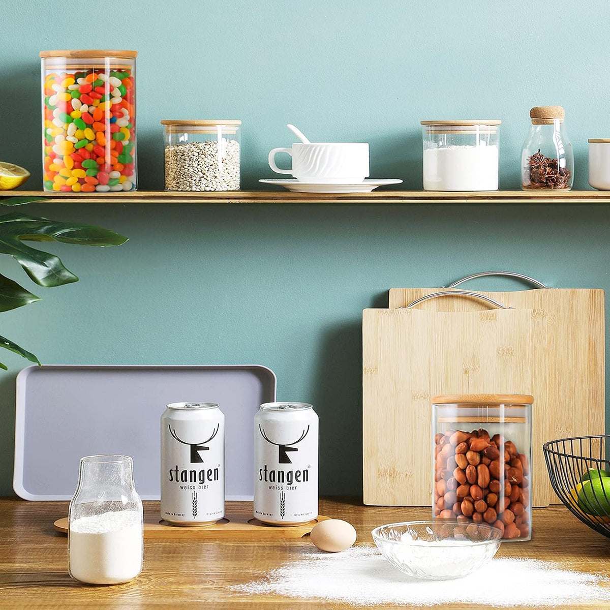 4 Pack Glass Storage Jars with Airtight Bamboo Lid, 27 OZ Glass Kitchen Canisters, Clear Container for Coffee Bean Storage, Dry Goods, Cookie, Candy, Tea, Spices and More