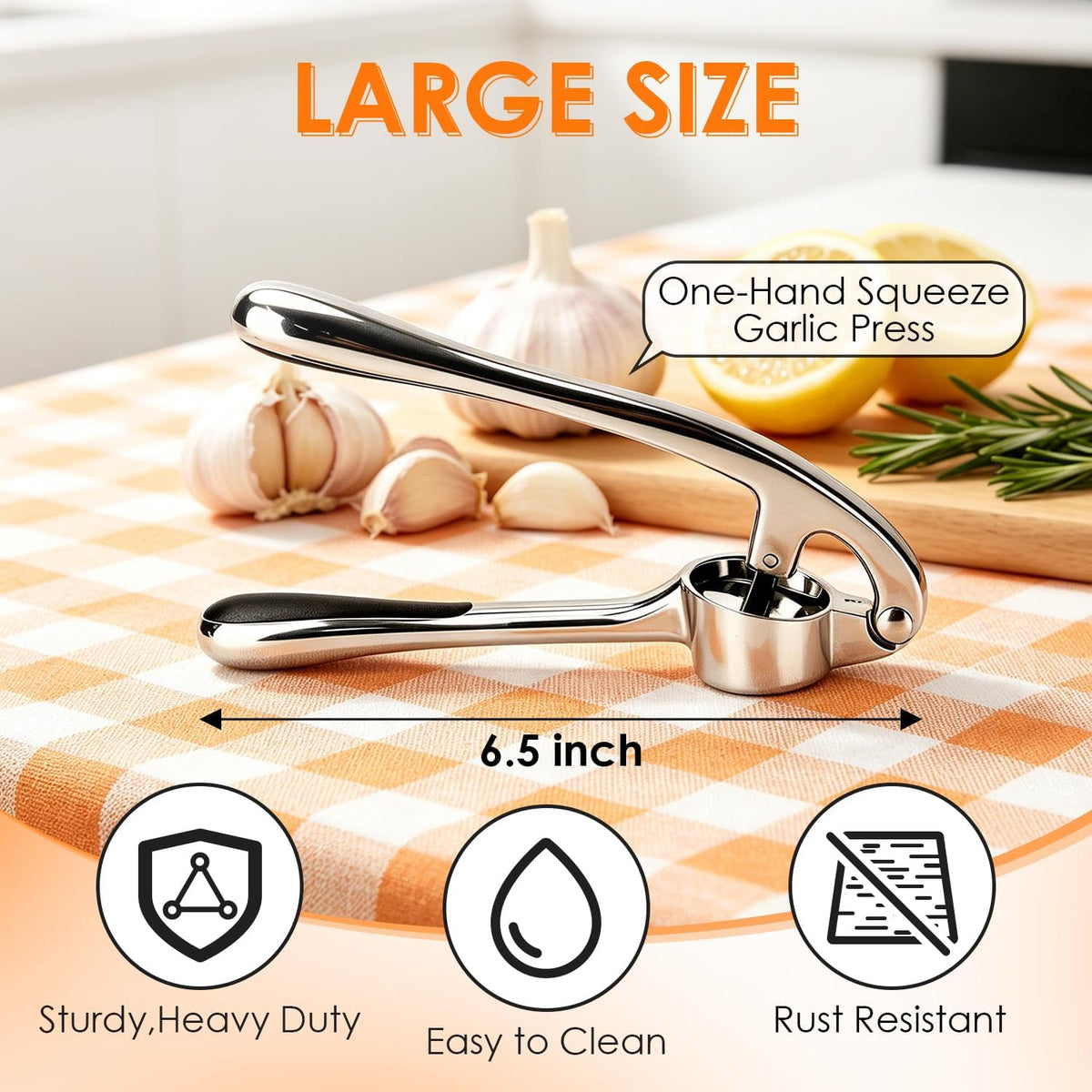 Garlic Press Set, Heavy Duty Garlic Mincer Tool with Peeler & Brush