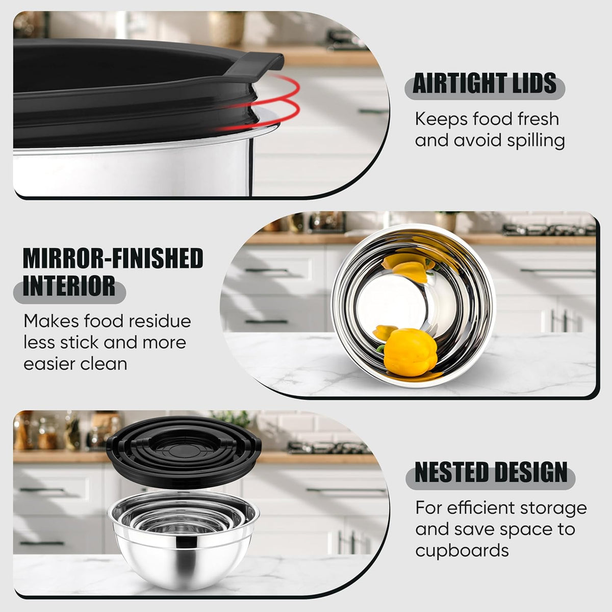 Metal Mixing Bowls with Lids Set, Airtight Lids & Black