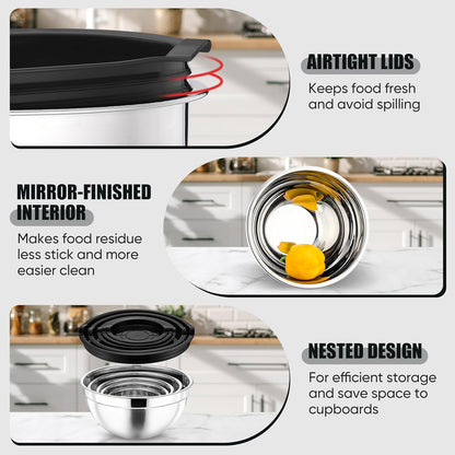 Metal Mixing Bowls with Lids Set, Airtight Lids & Black
