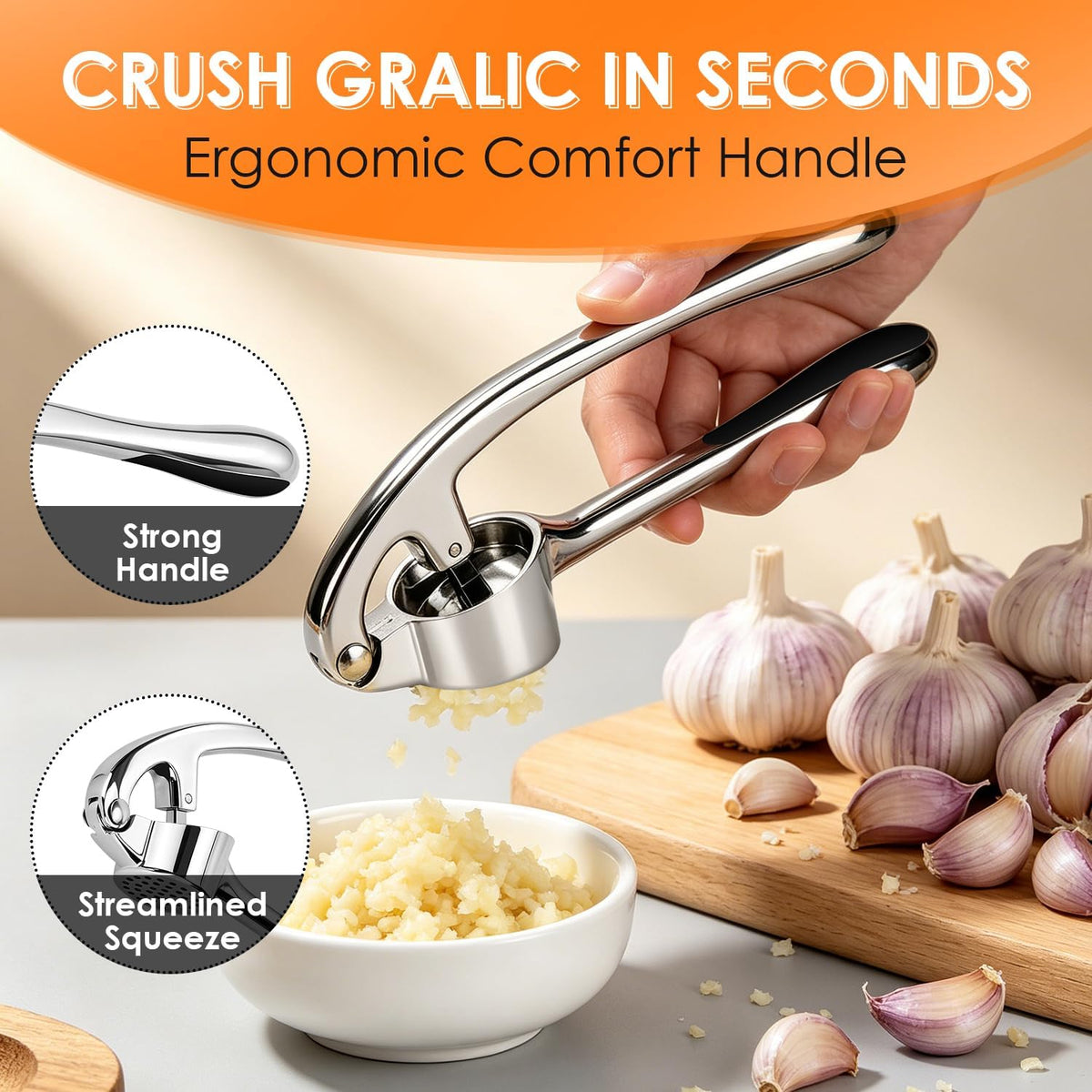 Garlic Press Set, Heavy Duty Garlic Mincer Tool with Peeler & Brush