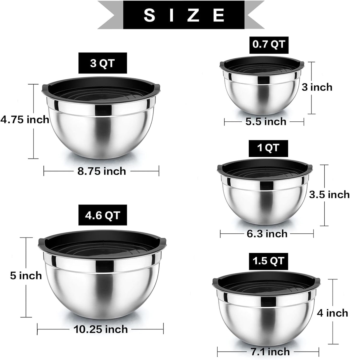 Metal Mixing Bowls with Lids Set, Airtight Lids & Black