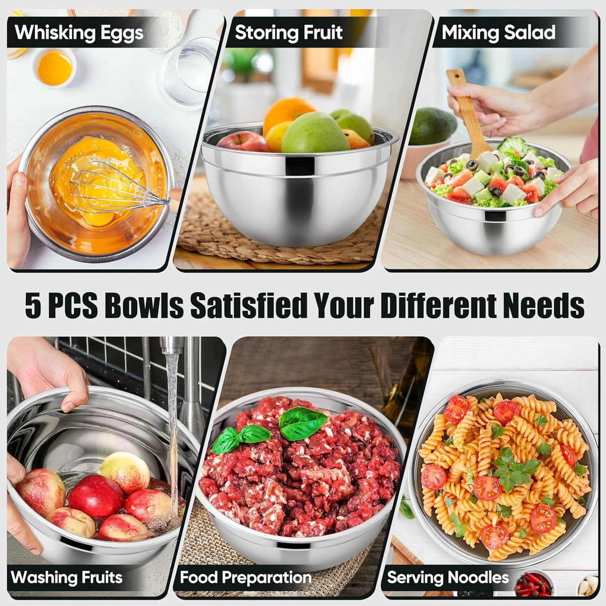 Metal Mixing Bowls with Lids Set, Airtight Lids & Black