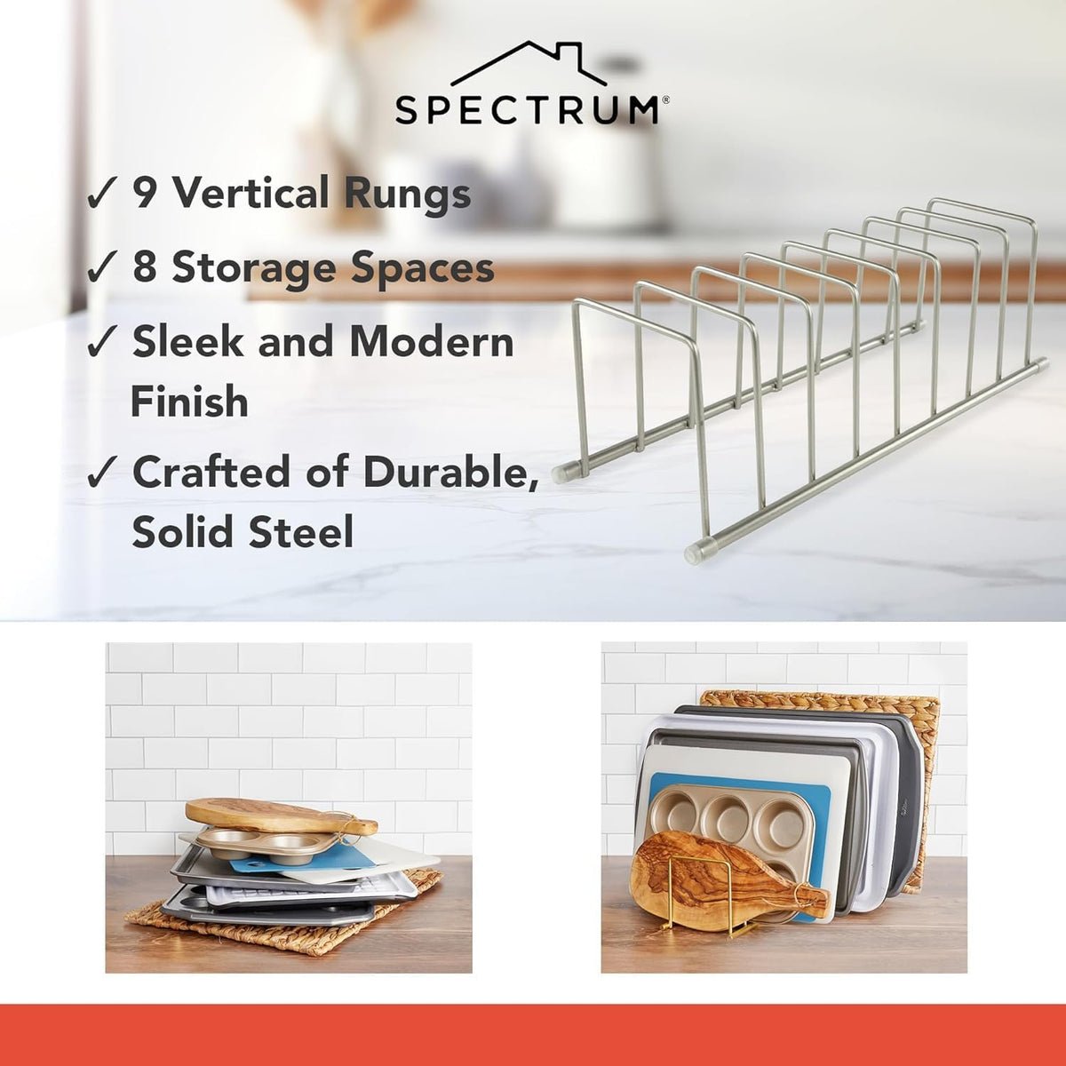 Spectrum Euro Kitchen Organizer for Cooking and Bakeware, Satin Nickel