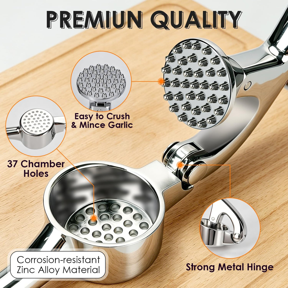 Garlic Press Set, Heavy Duty Garlic Mincer Tool with Peeler & Brush