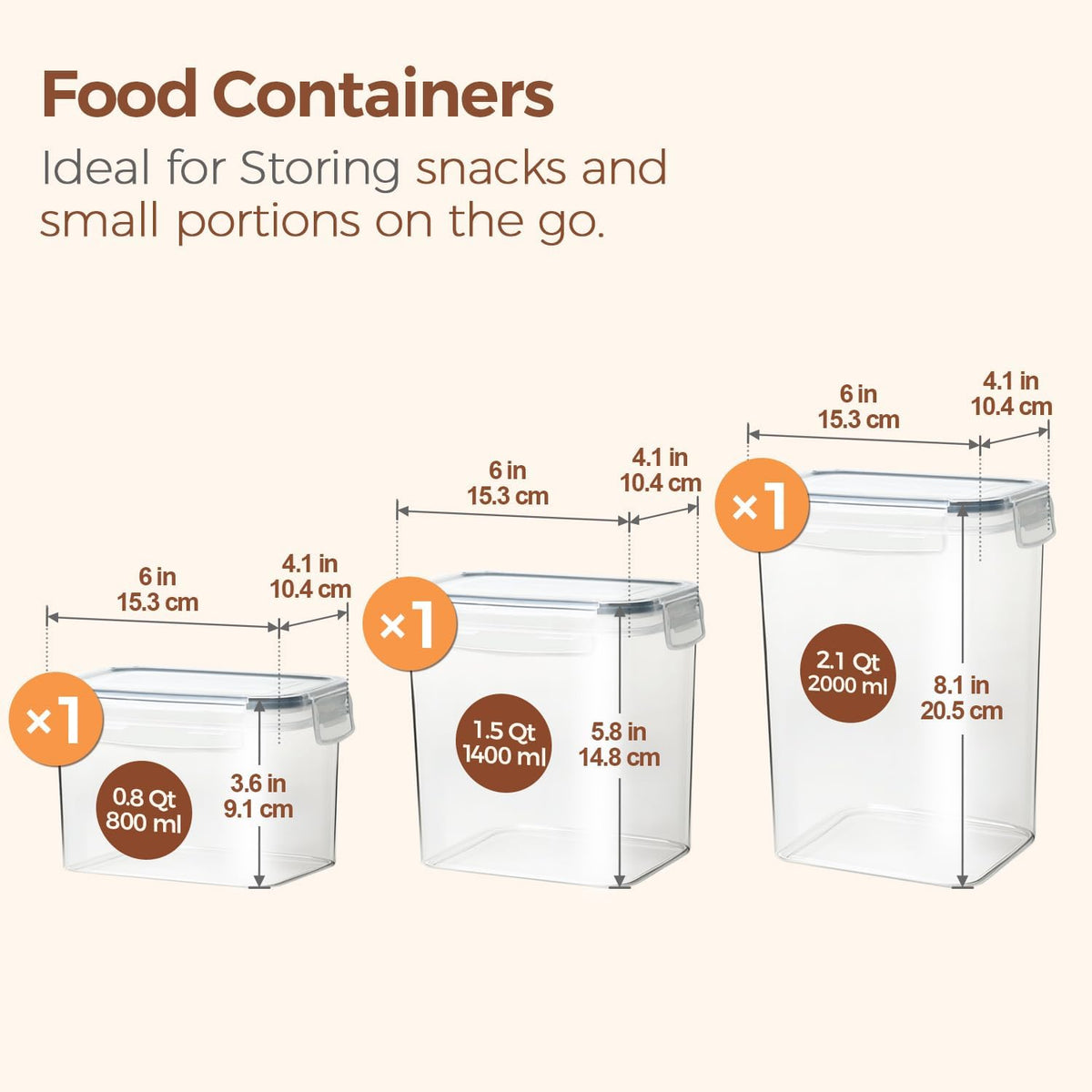 Airtight Food Storage Containers with Lids 0.8/1.5/2.1Qt 3Pack