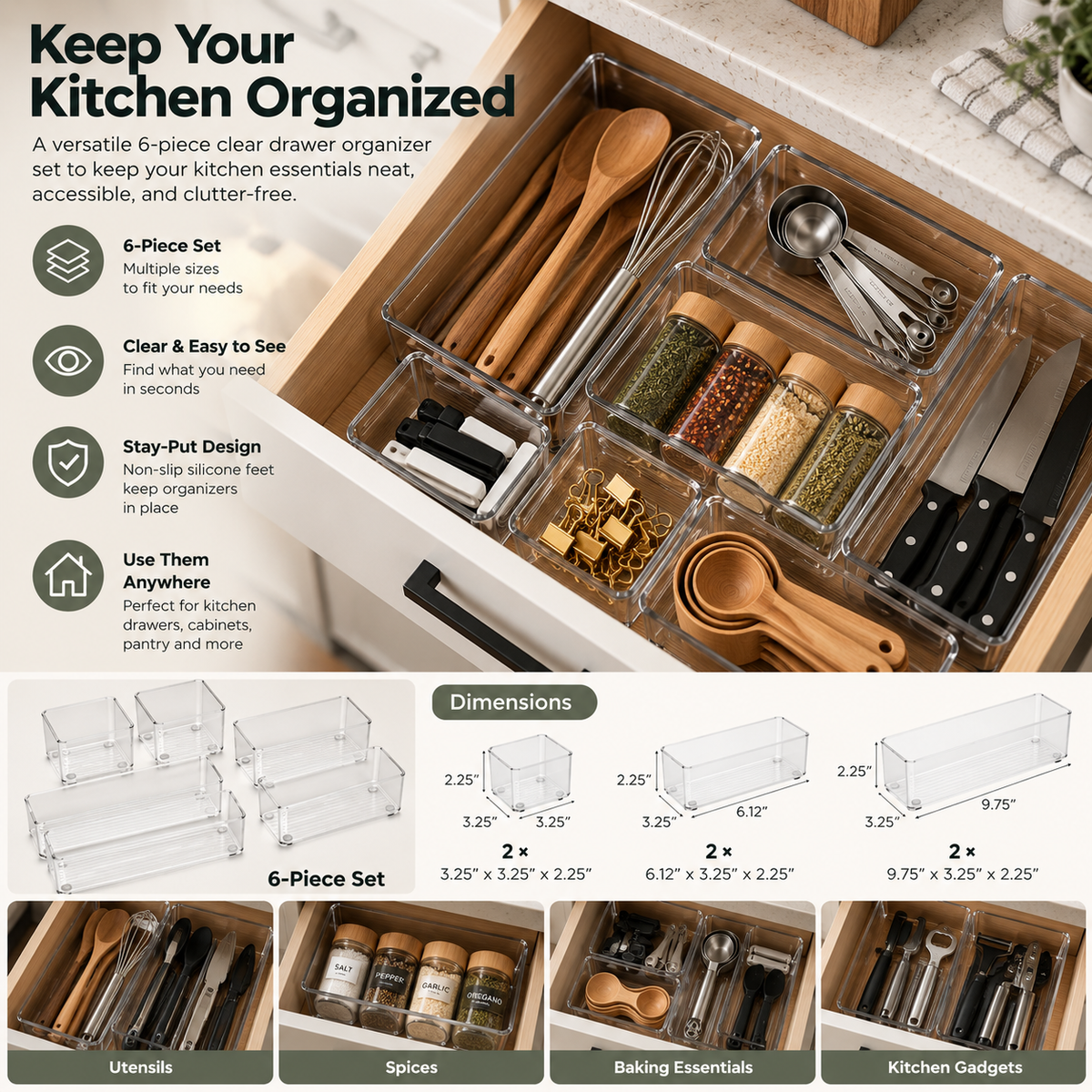 Clear Drawer Organizers – 6-Piece Set with Non-Slip Feet