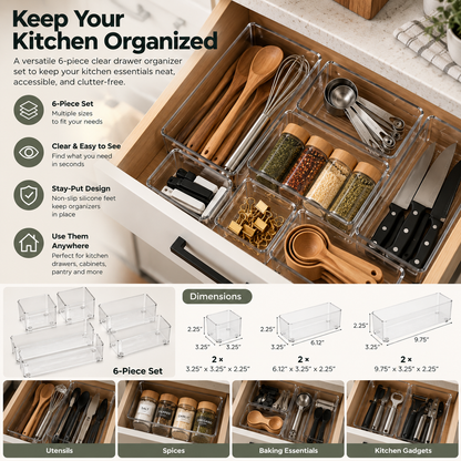 Clear Drawer Organizers – 6-Piece Set with Non-Slip Feet