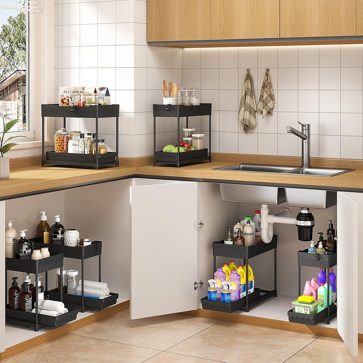4-Pack 2-Tier under Sink Organizer with Pull Out Drawers