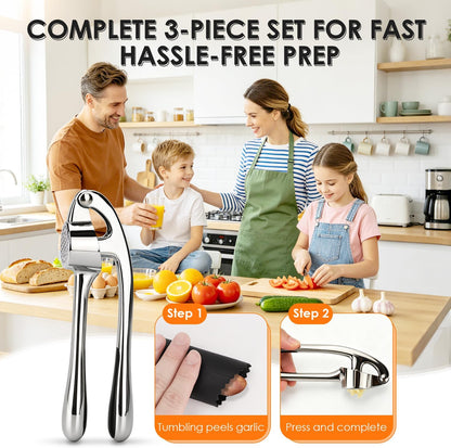 Garlic Press Set, Heavy Duty Garlic Mincer Tool with Peeler & Brush