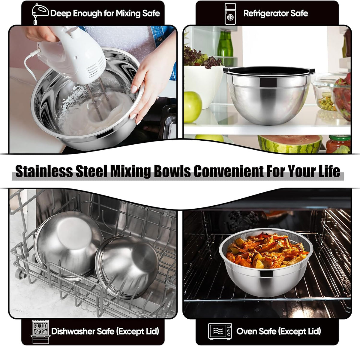 Metal Mixing Bowls with Lids Set, Airtight Lids & Black