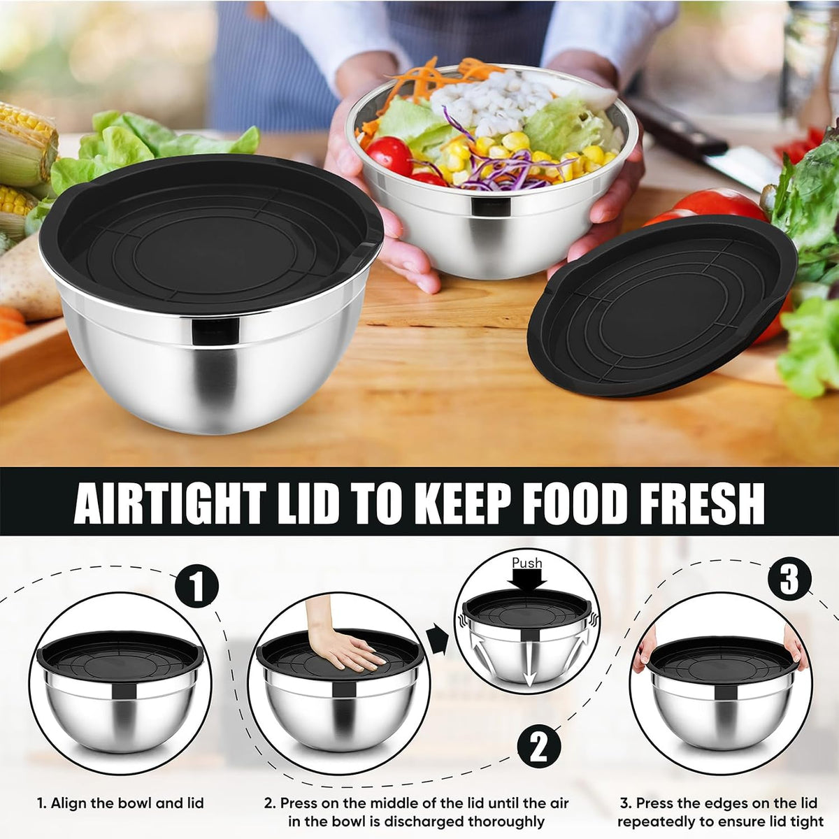 Metal Mixing Bowls with Lids Set, Airtight Lids & Black