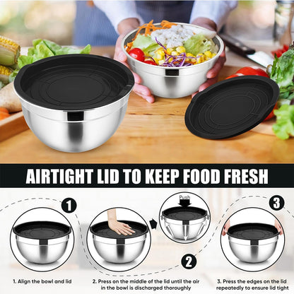 Metal Mixing Bowls with Lids Set, Airtight Lids & Black