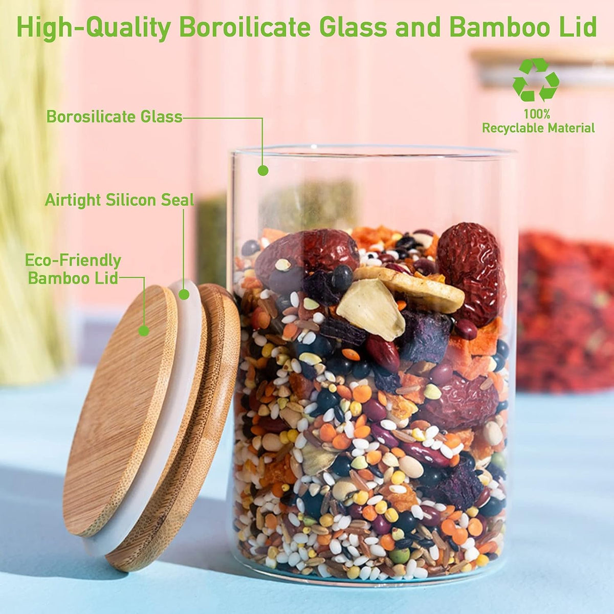 4 Pack Glass Storage Jars with Airtight Bamboo Lid, 27 OZ Glass Kitchen Canisters, Clear Container for Coffee Bean Storage, Dry Goods, Cookie, Candy, Tea, Spices and More