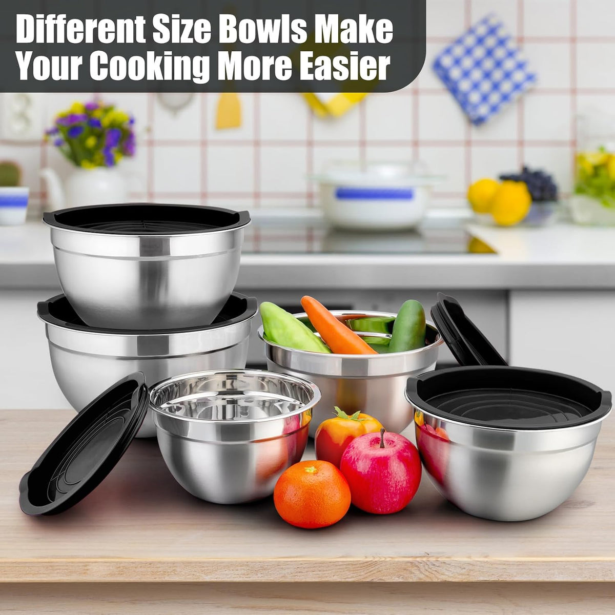Metal Mixing Bowls with Lids Set, Airtight Lids & Black
